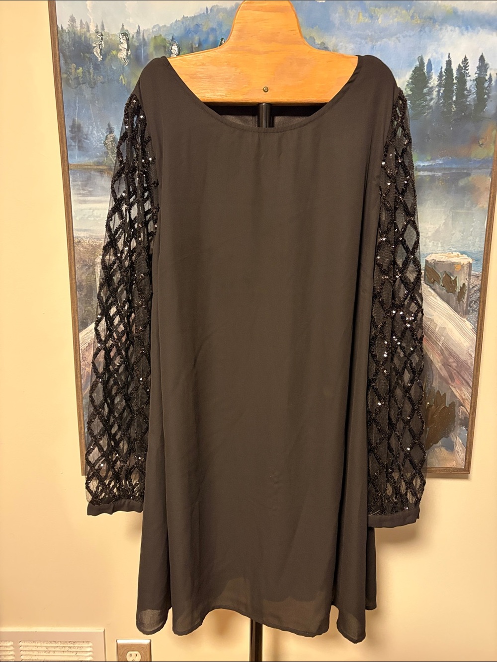 Black Long Sleeve Dress with Sequin Lattice Sleeves